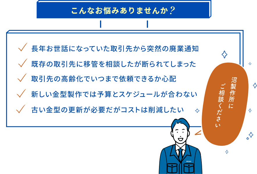 金型移管での加工も対応いたします。こんなお悩みありませんか?